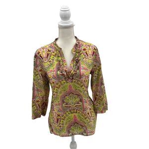 Talbots Top Blouse Cotton Ruffle Popover  Green Floral  V Neck Boho Size M